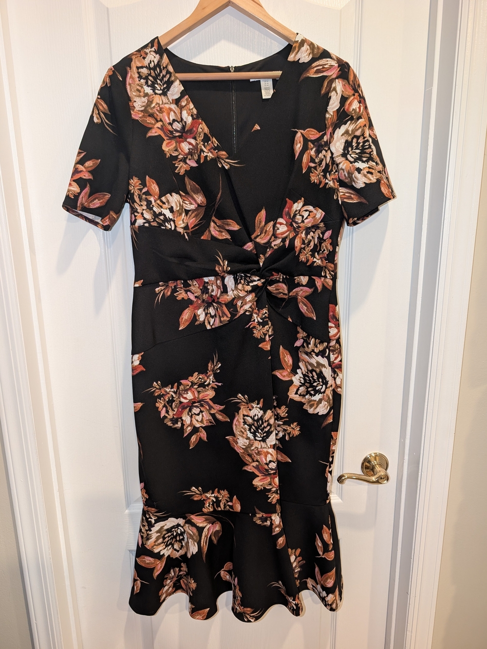 London Times Floral Midi Dress Size 14 Twist Waist Ruffle Hem Black